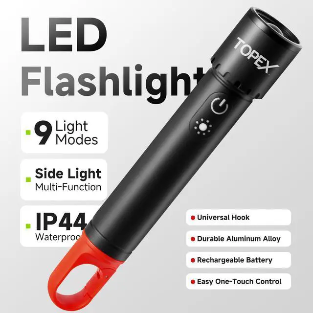 Alt view image 2 of 7 - TOPEX LED Torch Rechargeable, 800 Lumens, 600M Super Bright Adjustable Focus Flashlight, 9 Lighting Modes, Waterproof Torch for Camping, Outdoor