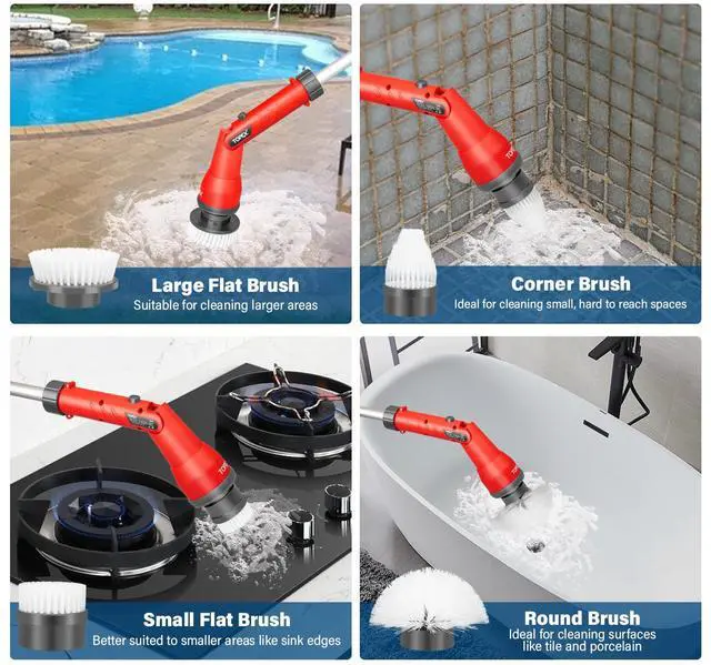 Alt view image 6 of 7 - TOPEX 20V Cordless Power Scrubber With Extension Long Handle & 4 Replaceable Brush Heads,2 Speeds Power Scrubber Brush