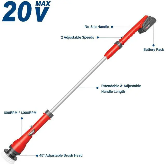 Alt view image 2 of 7 - TOPEX 20V Cordless Power Scrubber With Extension Long Handle & 4 Replaceable Brush Heads,2 Speeds Power Scrubber Brush