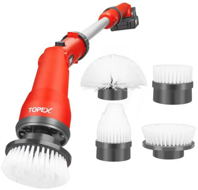 Main image of TOPEX 20V Cordless Power Scrubber With Extension Long Handle & 4 Replaceable Brush Heads,2 Speeds Power Scrubber Brush