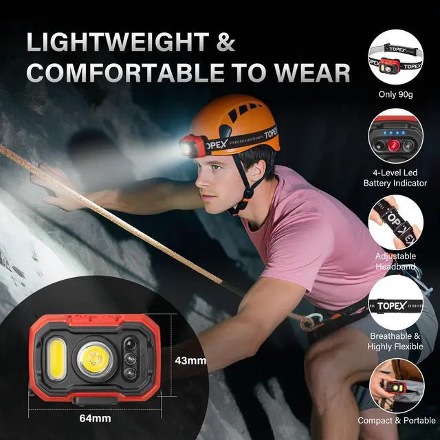 Alt view image 4 of 7 - TOPEX Headlamp Rechargeable Head Torch, 1000 Lumens Waterproof LED Headlight with Red Lights, 11 Light Modes, Motion Sensor Control for Camping, Hiking, Outdoor