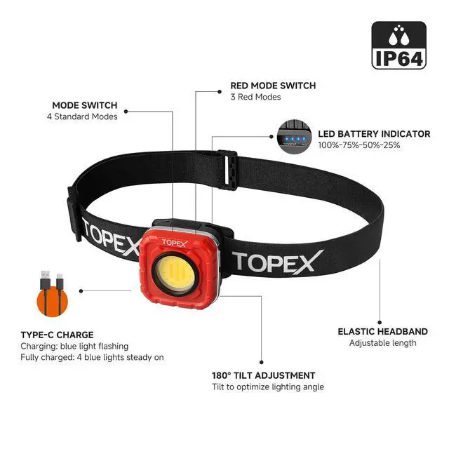 Alt view image 2 of 7 - TOPEX 1000 Lumens Magnetic Base Rechargeable Work Light with 7 Light Modes & 10 Hours Runtime, IP64 Waterproof & Headlight, Detachable Head Lamp