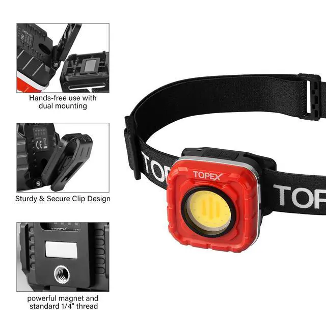 Alt view image 4 of 7 - TOPEX 1000 Lumens Magnetic Base Rechargeable Work Light with 7 Light Modes & 10 Hours Runtime, IP64 Waterproof & Headlight, Detachable Head Lamp