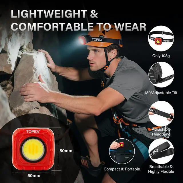 Alt view image 5 of 7 - TOPEX 1000 Lumens Magnetic Base Rechargeable Work Light with 7 Light Modes & 10 Hours Runtime, IP64 Waterproof & Headlight, Detachable Head Lamp