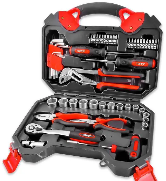 Main image of TOPEX 52-Piece Hand Tool Kit Portable Home/Auto Repair Set w/ Ratchet Wrench, Pliers ,Screwdriver Kits and Storage Case