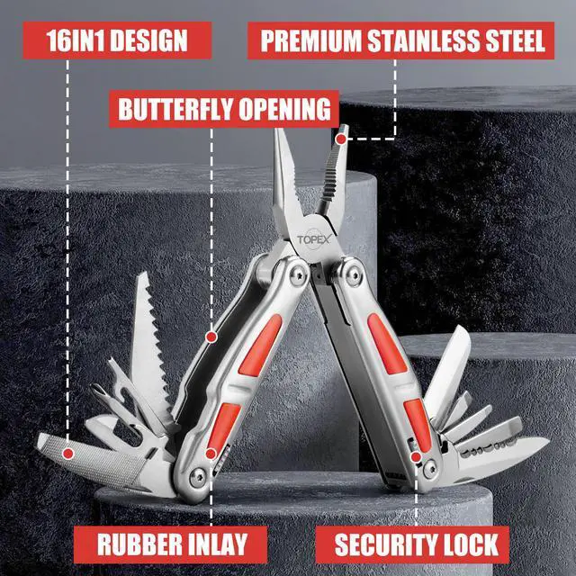 Alt view image 2 of 7 - TOPEX 16-In-1 Multitool Plier, Multi Tool Pliers, Stainless Steel Plier with Safety Locking, Cutters, Knife, Screwdrivers, Wood Saw, Can Bottle Opener