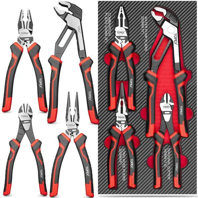 Main image of TOPEX 4 Piece Pliers Set (190 mm Diagonal Cutters, 200 mm Combination Pliers, 200 mm Long Nose Pliers, 250 mm Water Pump Pliers) for Demanding Tasks & Home Use