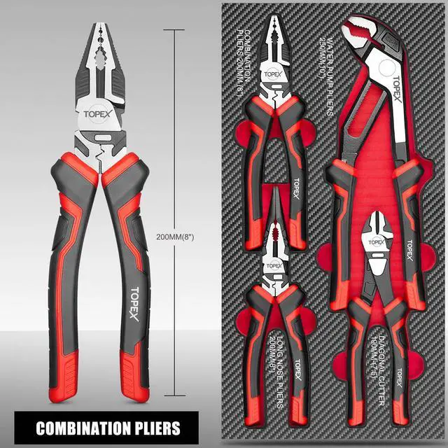 Alt view image 3 of 7 - TOPEX 4 Piece Pliers Set (190 mm Diagonal Cutters, 200 mm Combination Pliers, 200 mm Long Nose Pliers, 250 mm Water Pump Pliers) for Demanding Tasks & Home Use