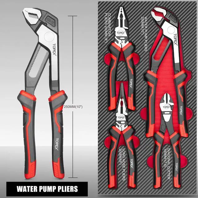 Alt view image 2 of 7 - TOPEX 4 Piece Pliers Set (190 mm Diagonal Cutters, 200 mm Combination Pliers, 200 mm Long Nose Pliers, 250 mm Water Pump Pliers) for Demanding Tasks & Home Use