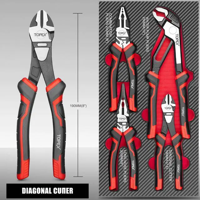 Alt view image 5 of 7 - TOPEX 4 Piece Pliers Set (190 mm Diagonal Cutters, 200 mm Combination Pliers, 200 mm Long Nose Pliers, 250 mm Water Pump Pliers) for Demanding Tasks & Home Use