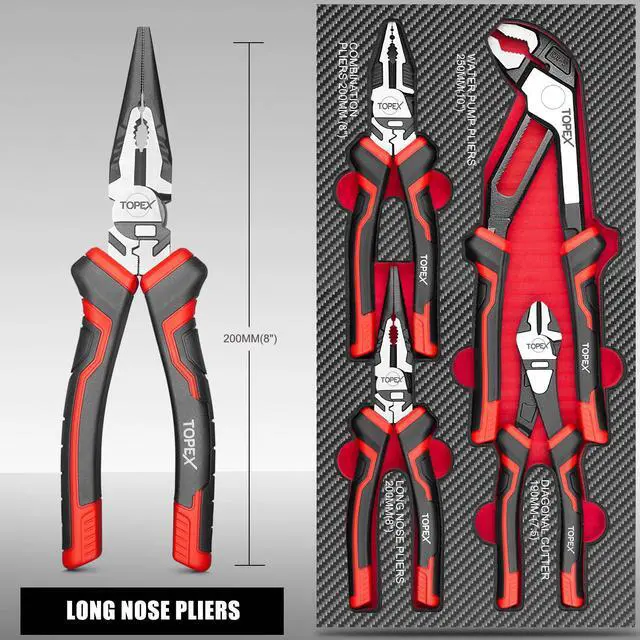 Alt view image 4 of 7 - TOPEX 4 Piece Pliers Set (190 mm Diagonal Cutters, 200 mm Combination Pliers, 200 mm Long Nose Pliers, 250 mm Water Pump Pliers) for Demanding Tasks & Home Use