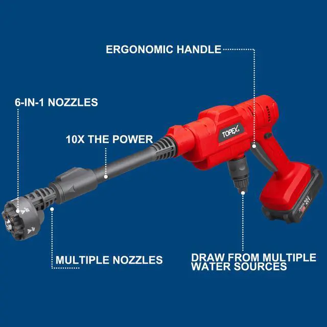 Alt view image 2 of 7 - TOPEX 20V Cordless Pressure Washer, 6-in-1 Nozzle for Washing Car/Wall/Floor, Battery