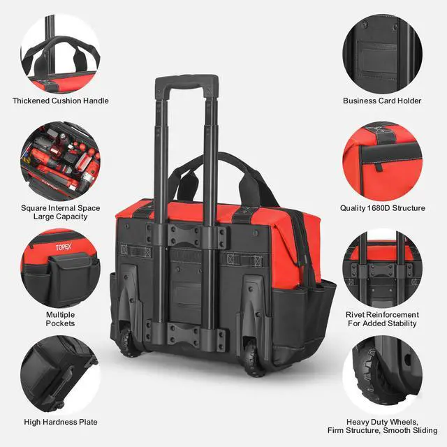 Alt view image 3 of 7 - TOPEX 19 Inch Rolling Tool Bag, Tool bag with Wheels, 19 Functional Pockets Tool Organiser, Roomy Storage Tool Tote Bag with Adjustable Telescoping Handle
