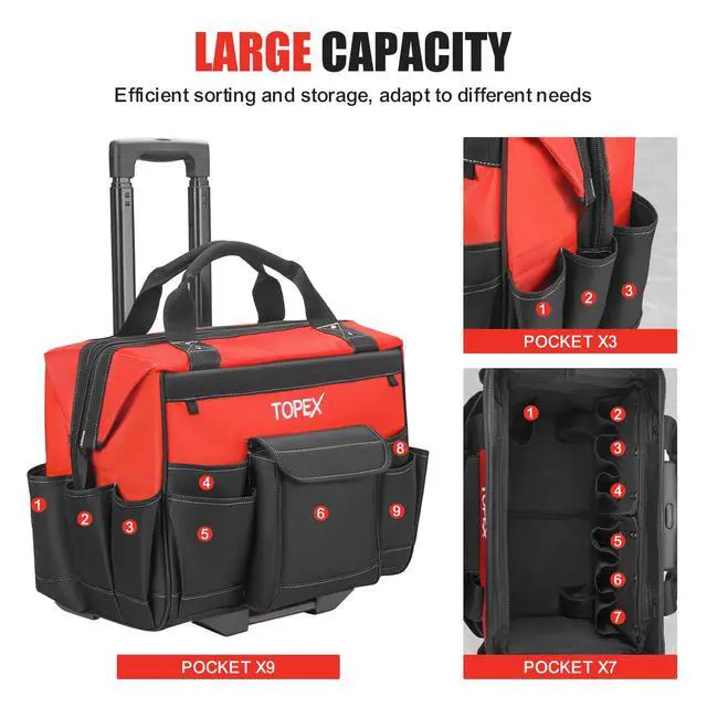 Alt view image 6 of 7 - TOPEX 19 Inch Rolling Tool Bag, Tool bag with Wheels, 19 Functional Pockets Tool Organiser, Roomy Storage Tool Tote Bag with Adjustable Telescoping Handle