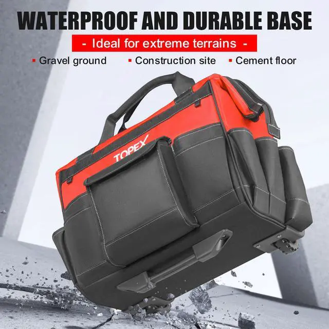 Alt view image 5 of 7 - TOPEX 19 Inch Rolling Tool Bag, Tool bag with Wheels, 19 Functional Pockets Tool Organiser, Roomy Storage Tool Tote Bag with Adjustable Telescoping Handle