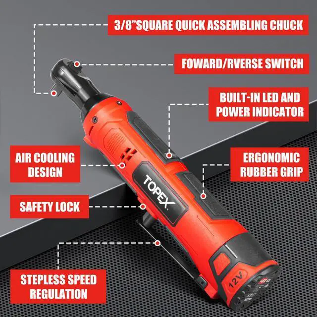 Alt view image 2 of 7 - TOPEX 3/8" 12V Cordless Electric Ratchet Wrench 45NM/33.2ft-lbs 300RPM Variable Speed & LED Light