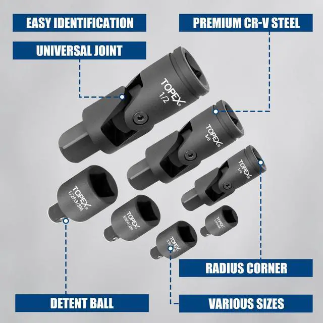 Alt view image 2 of 7 - TOPEX 7-piece socket adaptor set 1/4" 3/8" and 1/2" universal joint socket adaptor