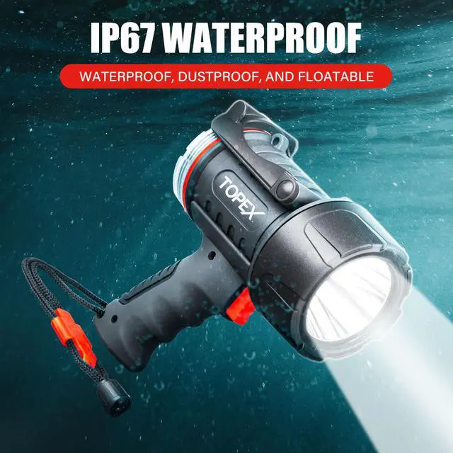 Alt view image 4 of 7 - TOPEX Rechargeable Spotlight with 1000 Lumen Cree LED, IP67 Waterproof Handheld Flashlight Searchlight with Detachable Red Light Filter