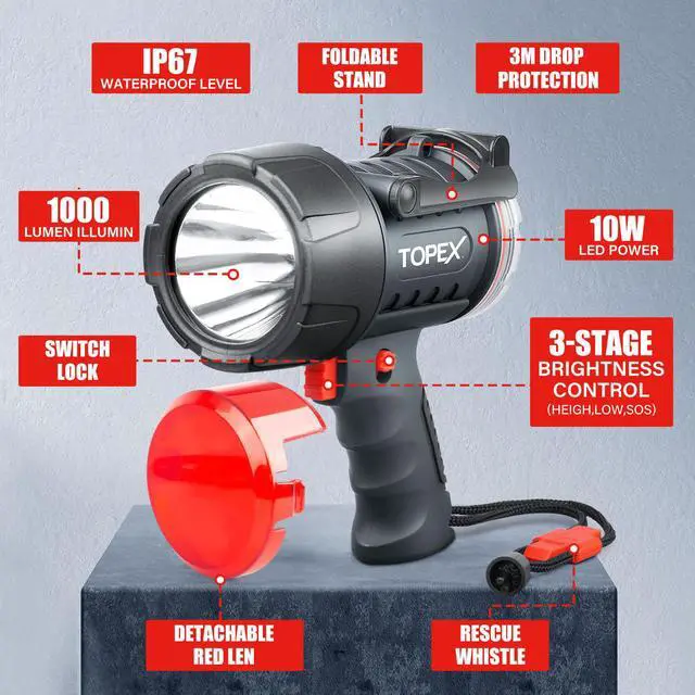 Alt view image 2 of 7 - TOPEX Rechargeable Spotlight with 1000 Lumen Cree LED, IP67 Waterproof Handheld Flashlight Searchlight with Detachable Red Light Filter