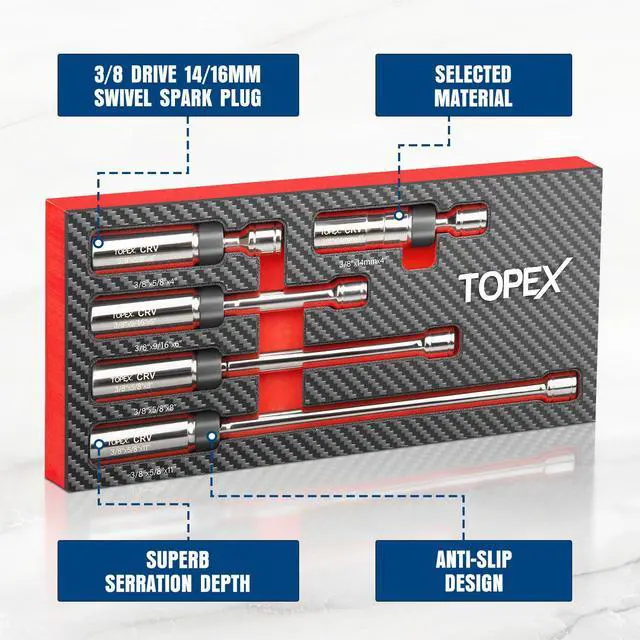 Alt view image 2 of 7 - TOPEX 5-PIECE Swivel Spark Plug Socket Set 3/8 Drive Extra Long