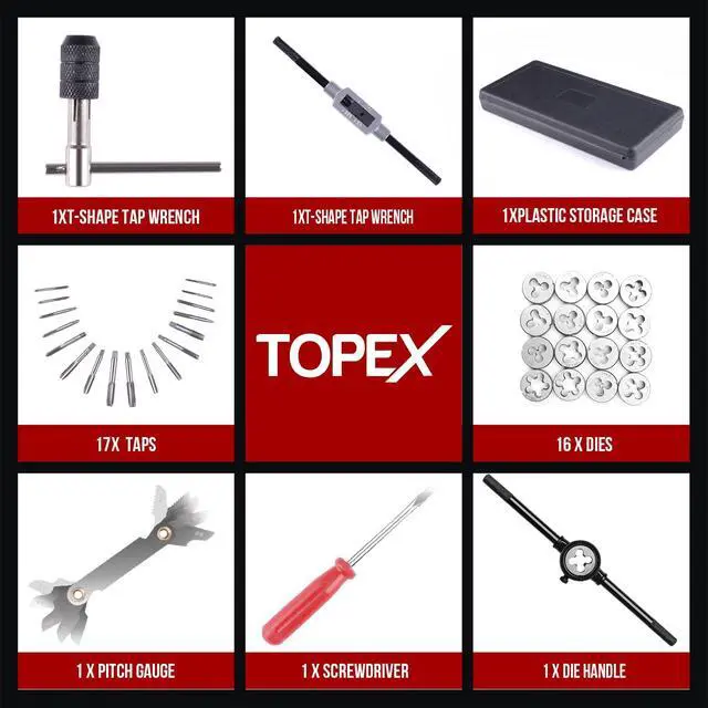 Alt view image 7 of 7 - TOPEX 40 PCs Imperial Tap and Die Set Screw Thread Drill Kit Pitch Gauge M3-M12