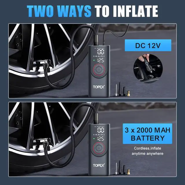 Alt view image 6 of 7 - TOPEX 12V Car Tyre Inflator Portable Air Compressor Cordless Air Pump 150PSI Air Pump Dual Power Electric Tyre Pump for Car/ Motorcycle/ Bike/ Ball/ Custom