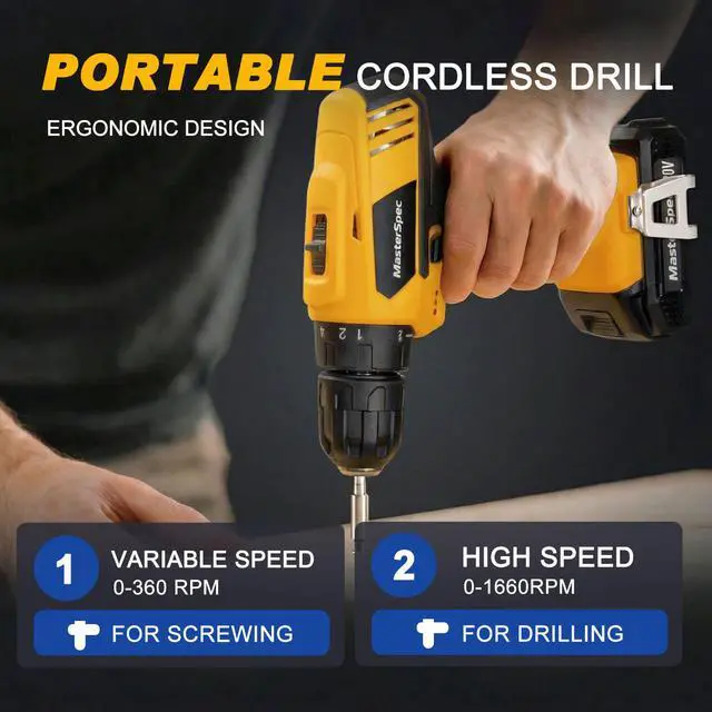 Alt view image 5 of 7 - MasterSpec 20V Max Cordless Drill 30N.m 18+1+1 Torque Electric Power Drill Kit w/Li-Ion Battery Pack& Screwdriver Bit Set LED Light