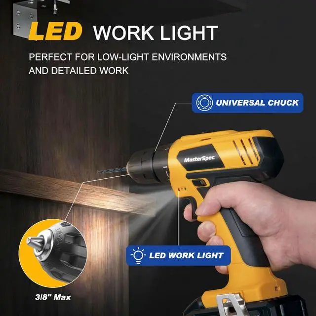 Alt view image 6 of 7 - MasterSpec 20V Max Cordless Drill 30N.m 18+1+1 Torque Electric Power Drill Kit w/Li-Ion Battery Pack& Screwdriver Bit Set LED Light