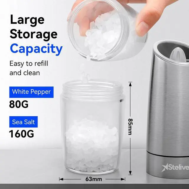 Alt view image 5 of 7 - Stelive 2-Piece Auto Salt and Pepper Grinder Set, Auto Salt and Pepper Mills Set, Electric Salt and Pepper Shakers, with Adjustable Coarseness for Seasoning