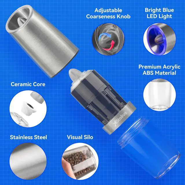 Alt view image 2 of 7 - Stelive 2-Piece Auto Salt and Pepper Grinder Set, Auto Salt and Pepper Mills Set, Electric Salt and Pepper Shakers, with Adjustable Coarseness for Seasoning
