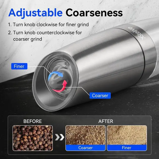 Alt view image 3 of 7 - Stelive 2-Piece Auto Salt and Pepper Grinder Set, Auto Salt and Pepper Mills Set, Electric Salt and Pepper Shakers, with Adjustable Coarseness for Seasoning