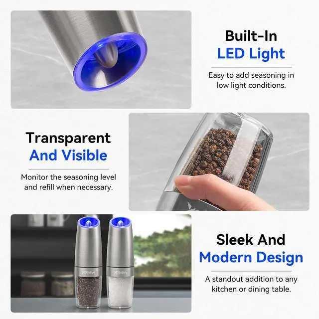 Alt view image 7 of 7 - Stelive 2-Piece Auto Salt and Pepper Grinder Set, Auto Salt and Pepper Mills Set, Electric Salt and Pepper Shakers, with Adjustable Coarseness for Seasoning