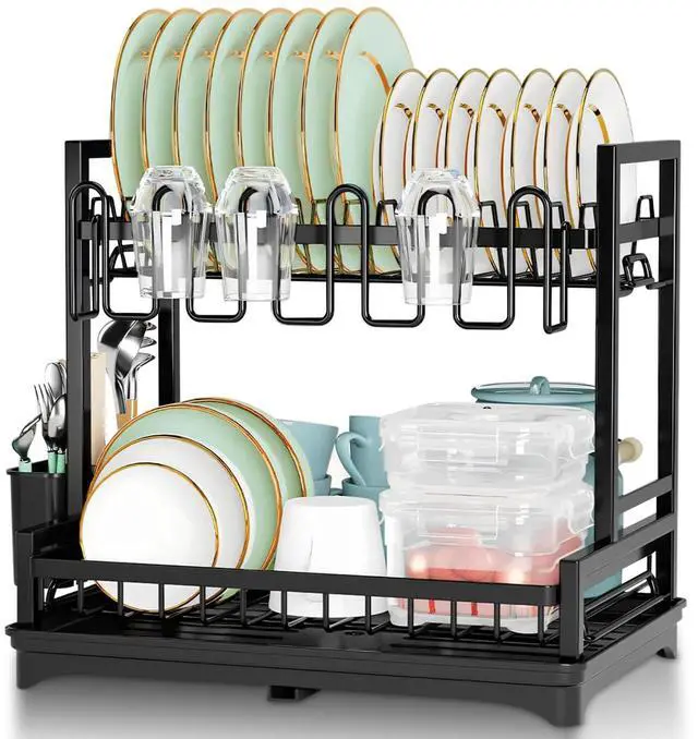 Main image of Stelive 2-Tier Dish Drying Rack Dish Drainer Cutlery Holder Dish Drainer Rack Multifunctional Storage Rack w/ Drainboard for Kitchen (Black)