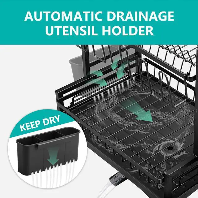 Alt view image 6 of 7 - Stelive 2-Tier Dish Drying Rack Dish Drainer Cutlery Holder Dish Drainer Rack Multifunctional Storage Rack w/ Drainboard for Kitchen (Black)