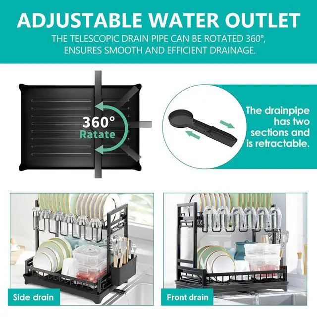 Alt view image 4 of 7 - Stelive 2-Tier Dish Drying Rack Dish Drainer Cutlery Holder Dish Drainer Rack Multifunctional Storage Rack w/ Drainboard for Kitchen (Black)
