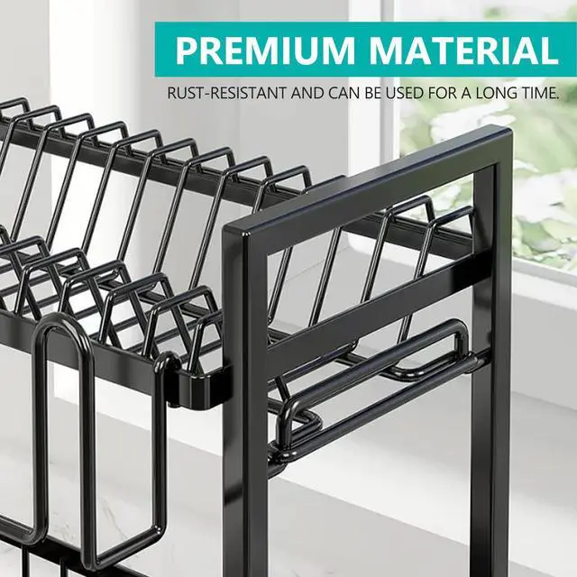 Alt view image 3 of 7 - Stelive 2-Tier Dish Drying Rack Dish Drainer Cutlery Holder Dish Drainer Rack Multifunctional Storage Rack w/ Drainboard for Kitchen (Black)