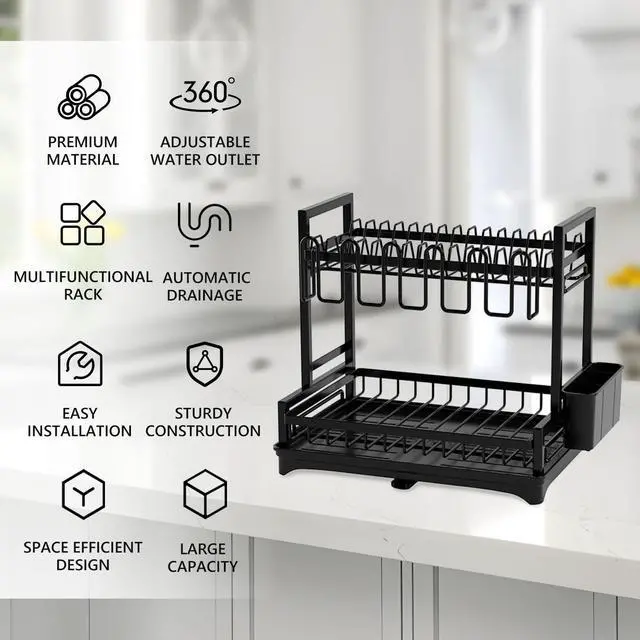 Alt view image 2 of 7 - Stelive 2-Tier Dish Drying Rack Dish Drainer Cutlery Holder Dish Drainer Rack Multifunctional Storage Rack w/ Drainboard for Kitchen (Black)