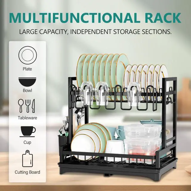 Alt view image 5 of 7 - Stelive 2-Tier Dish Drying Rack Dish Drainer Cutlery Holder Dish Drainer Rack Multifunctional Storage Rack w/ Drainboard for Kitchen (Black)