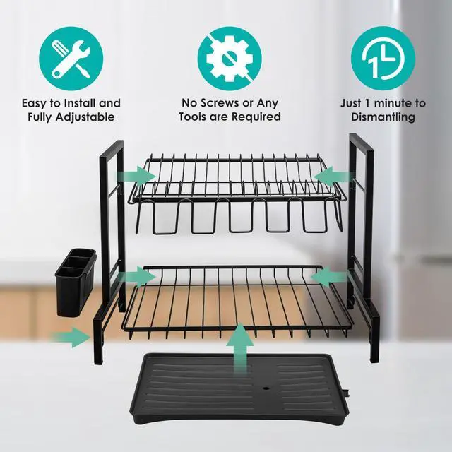 Alt view image 7 of 7 - Stelive 2-Tier Dish Drying Rack Dish Drainer Cutlery Holder Dish Drainer Rack Multifunctional Storage Rack w/ Drainboard for Kitchen (Black)