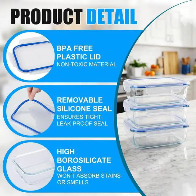 Alt view image 4 of 7 - Stelive 10 Pack Glass Storage Food Containers, Glass Meal Prep Containers, Airtight Lunch Bento Boxes with Snap Locking Leakproof Lids, Reusable for Microwave