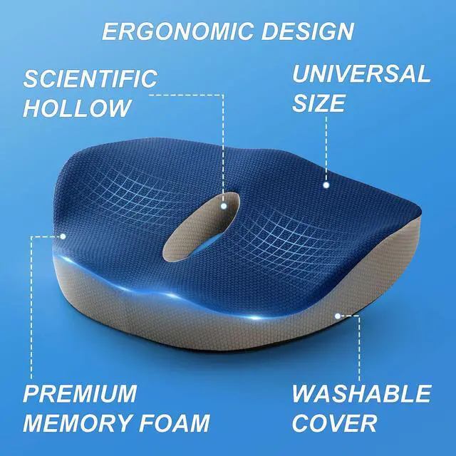 Alt view image 2 of 7 - Stelive Memory Foam Seat Cushion Butt Support Pillow Office Chair Car Seat Cushion Coccyx Cushion Coccyx Pillow (Blue, Grey)