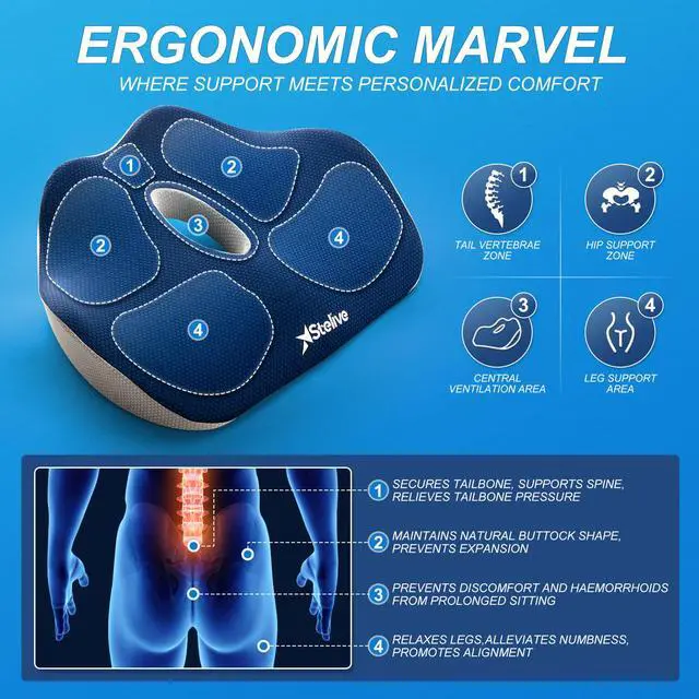 Alt view image 5 of 7 - Stelive Memory Foam Seat Cushion Butt Support Pillow Office Chair Car Seat Cushion Coccyx Cushion Coccyx Pillow (Blue, Grey)