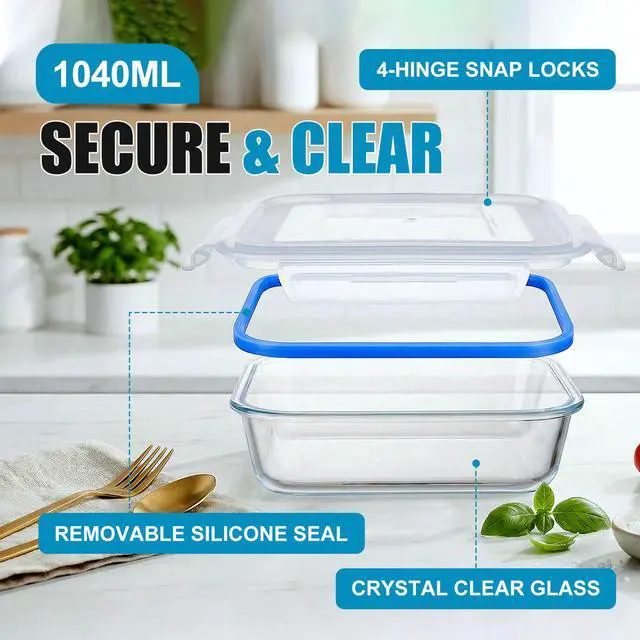 Alt view image 2 of 7 - Stelive 5 Pack Glass Storage Food Containers, Glass Meal Prep Containers, Airtight Lunch Bento Boxes with Snap Locking Leakproof Lids, Reusable for Microwave