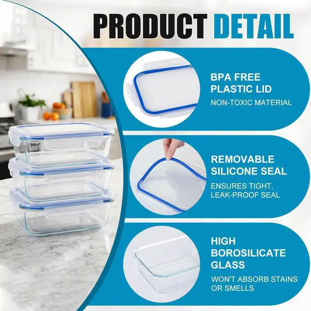 Alt view image 4 of 7 - Stelive 5 Pack Glass Storage Food Containers, Glass Meal Prep Containers, Airtight Lunch Bento Boxes with Snap Locking Leakproof Lids, Reusable for Microwave