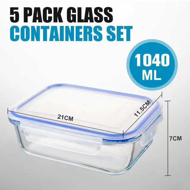 Alt view image 7 of 7 - Stelive 5 Pack Glass Storage Food Containers, Glass Meal Prep Containers, Airtight Lunch Bento Boxes with Snap Locking Leakproof Lids, Reusable for Microwave