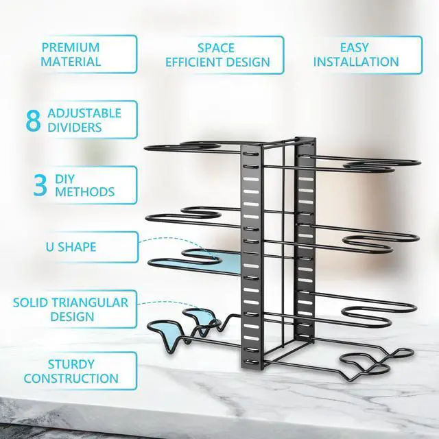 Alt view image 2 of 7 - Stelive 8 Tier Dual Sided Pan Rack Pot Pan Organizer Adjustable Pan Pot Rack Pantry Organizer Holder Kitchen Pot Organizer Holder Pot Lid Organizer