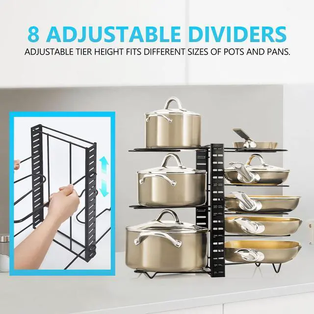 Alt view image 5 of 7 - Stelive 8 Tier Dual Sided Pan Rack Pot Pan Organizer Adjustable Pan Pot Rack Pantry Organizer Holder Kitchen Pot Organizer Holder Pot Lid Organizer