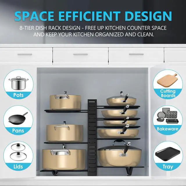Alt view image 7 of 7 - Stelive 8 Tier Dual Sided Pan Rack Pot Pan Organizer Adjustable Pan Pot Rack Pantry Organizer Holder Kitchen Pot Organizer Holder Pot Lid Organizer