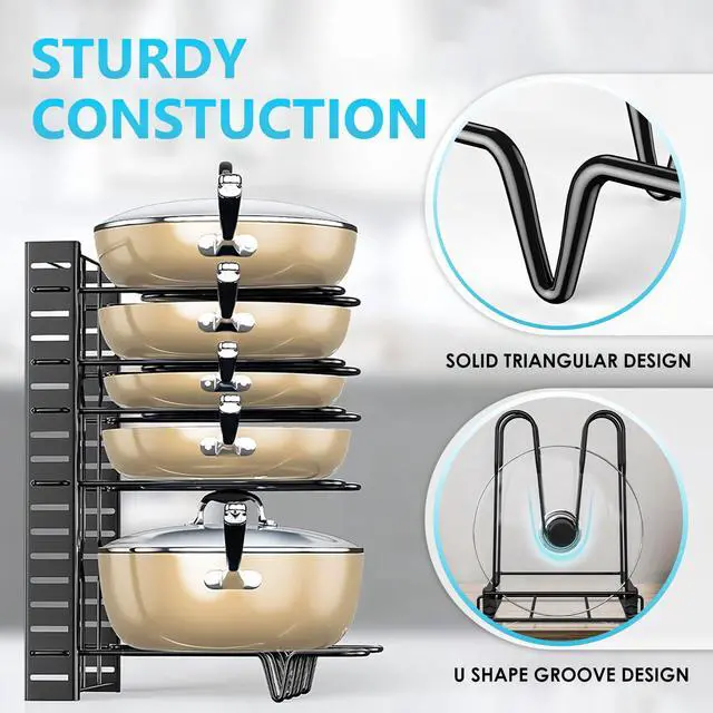 Alt view image 4 of 7 - Stelive 8 Tier Dual Sided Pan Rack Pot Pan Organizer Adjustable Pan Pot Rack Pantry Organizer Holder Kitchen Pot Organizer Holder Pot Lid Organizer