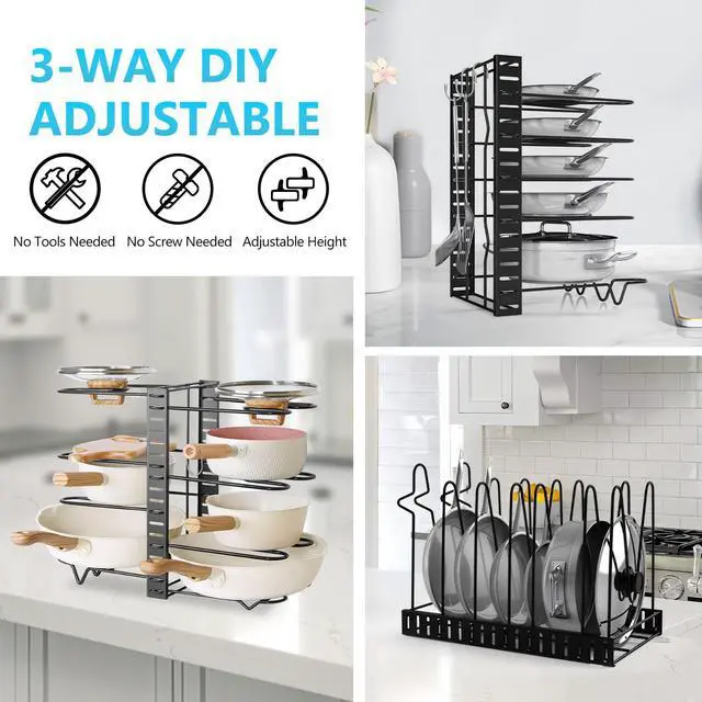 Alt view image 6 of 7 - Stelive 8 Tier Dual Sided Pan Rack Pot Pan Organizer Adjustable Pan Pot Rack Pantry Organizer Holder Kitchen Pot Organizer Holder Pot Lid Organizer